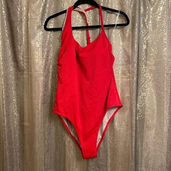 Shade & Shore cherry red ribbed asymmetrical one piece swimsuit XL NWT - Picture 1 of 4